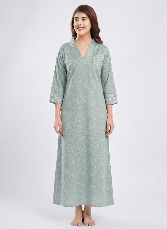 Seafoam Green with White Micro-Pattern Cotton Nighty