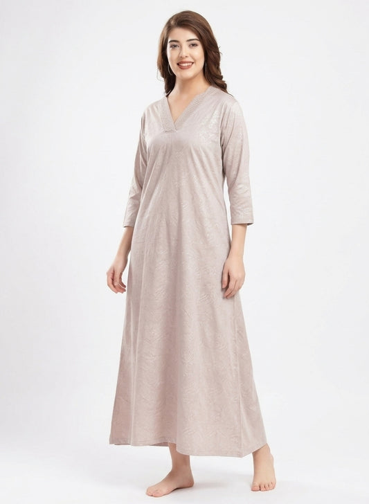 Champagne Beige with Shimmering Leaf Foil Print Cotton Nighty