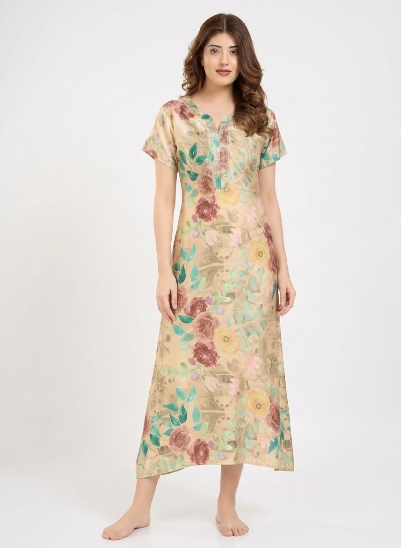 Warm Sand Beige with Multicolor Botanical Floral Print Satin Nighty