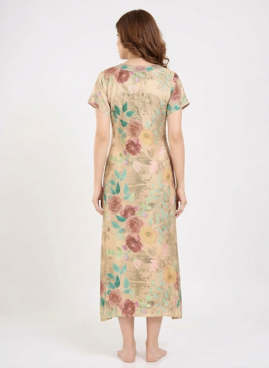 Warm Sand Beige with Multicolor Botanical Floral Print Satin Nighty