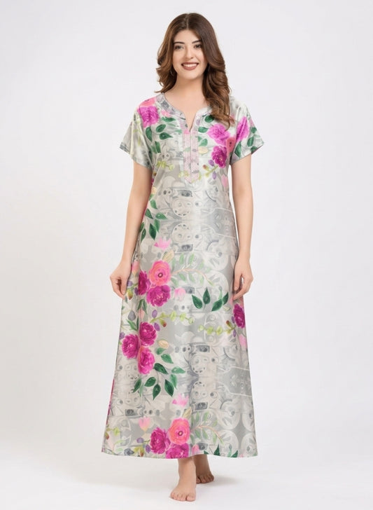 Soft Mist Grey with Bright Pink Rose Floral Print Satin Nighty