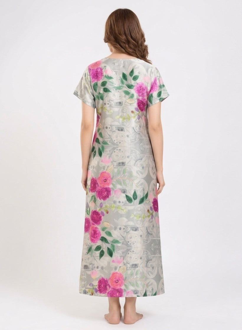 Soft Mist Grey with Bright Pink Rose Floral Print Satin Nighty