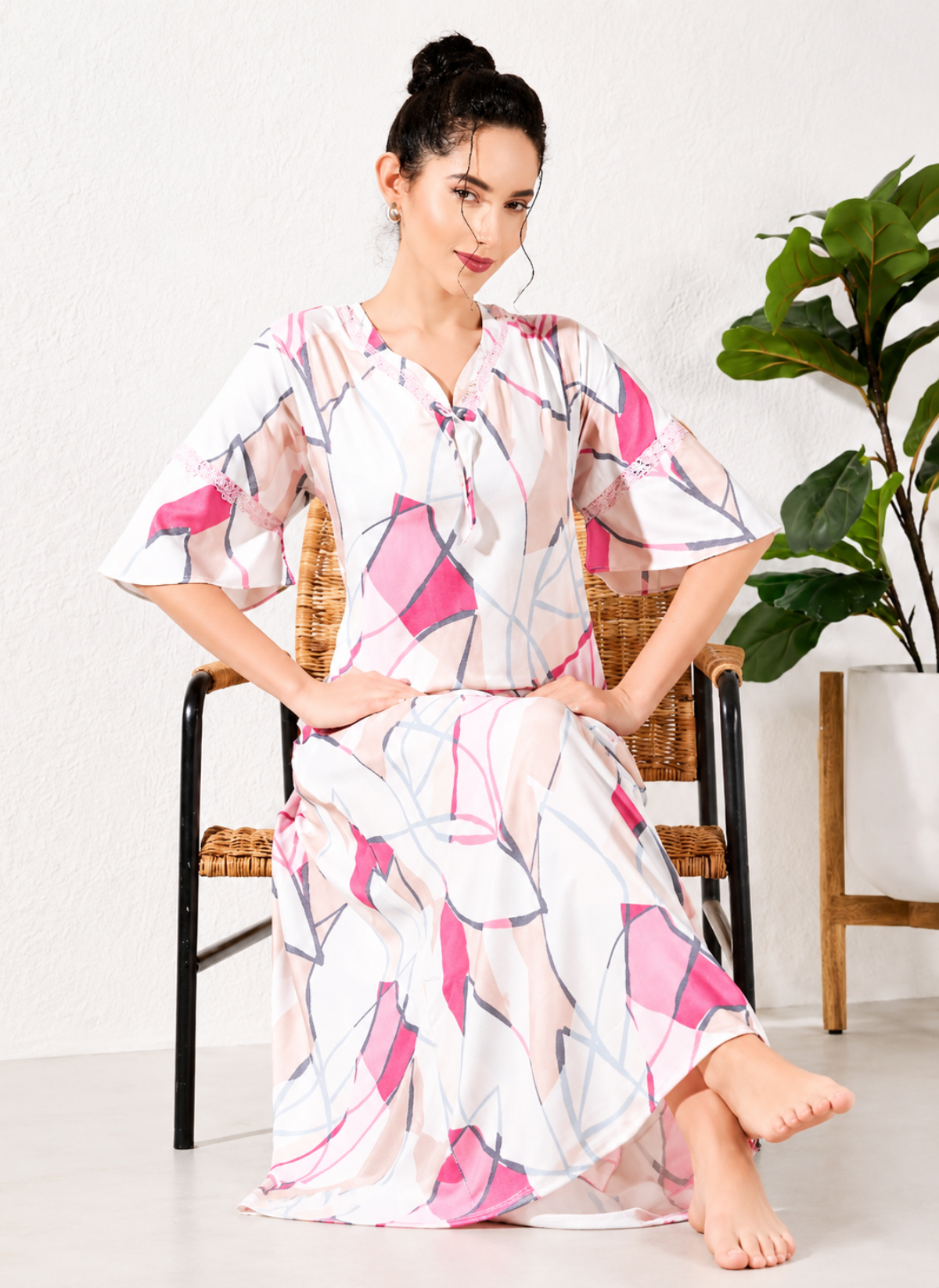 Pink multi abstract leaf print rayon nighty with tie-neck lace trim