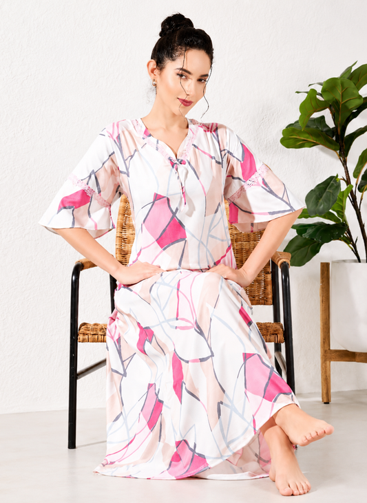 Pink multi abstract leaf print rayon nighty with tie-neck lace trim