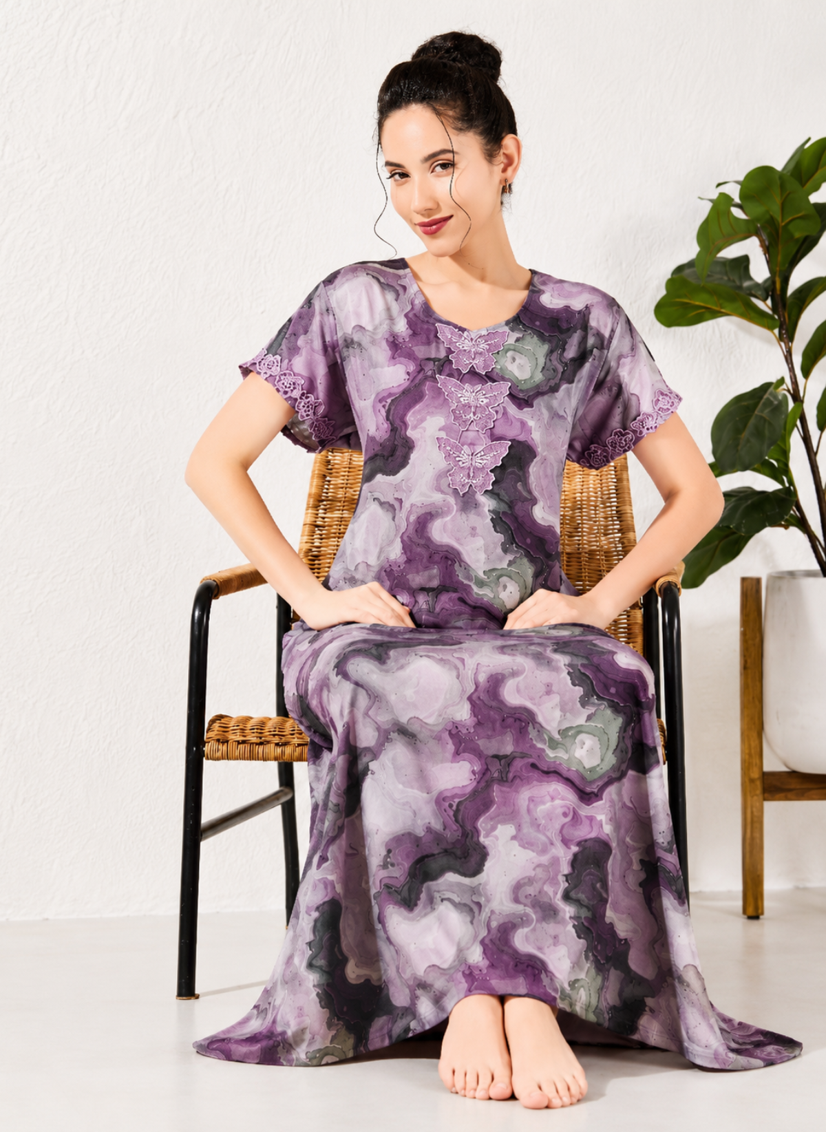 Amethyst purple marble print rayon nighty with lace butterfly applique