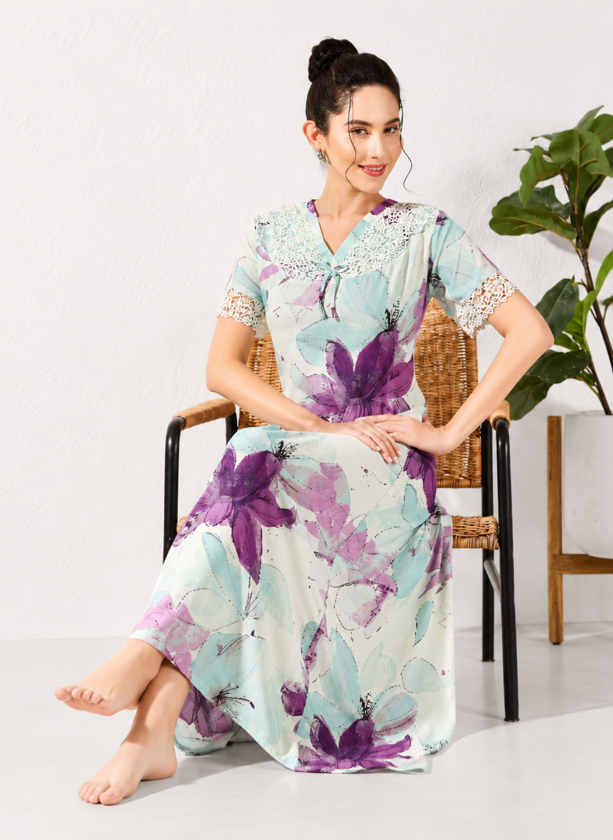 Mint purple watercolor floral print rayon nighty with lace yoke