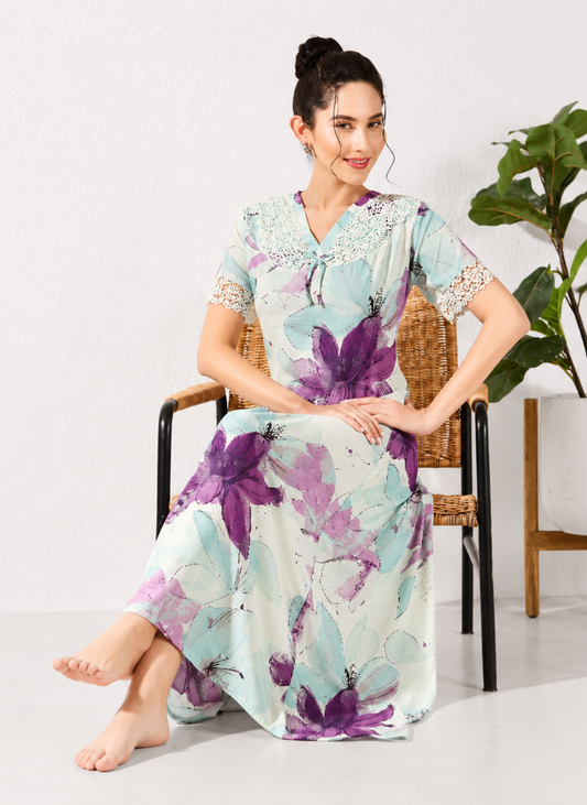 Mint purple watercolor floral print rayon nighty with lace yoke