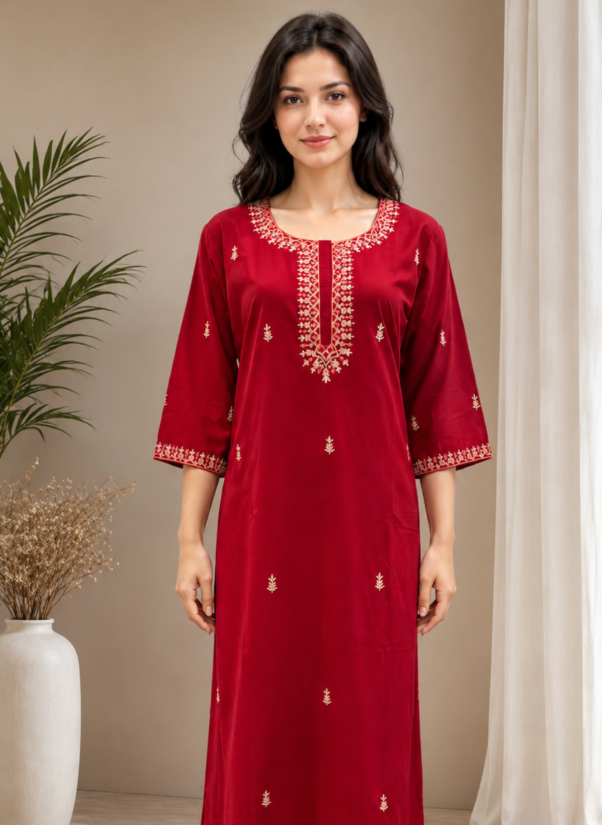 Maroon red embroidered kurti style rayon nighty with floral yoke embroidery