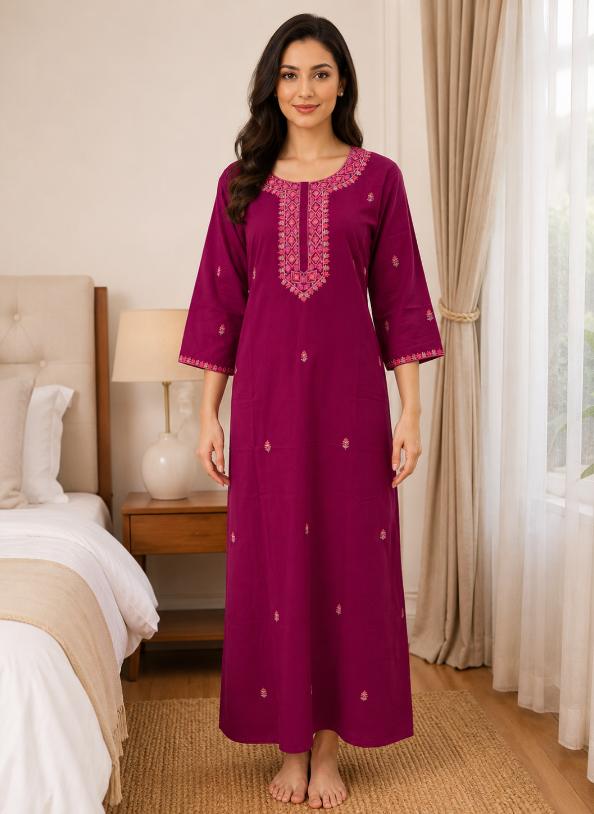 Magenta wine embroidered yoke rayon nighty with floral embroidery on neckline and sleeves