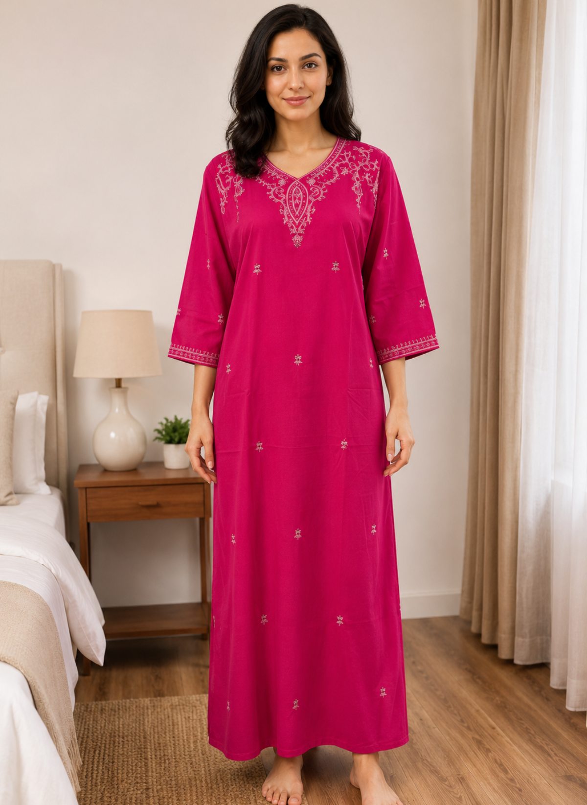 Fuchsia pink paisley embroidered V-neck rayon nighty with floral sprig detailing