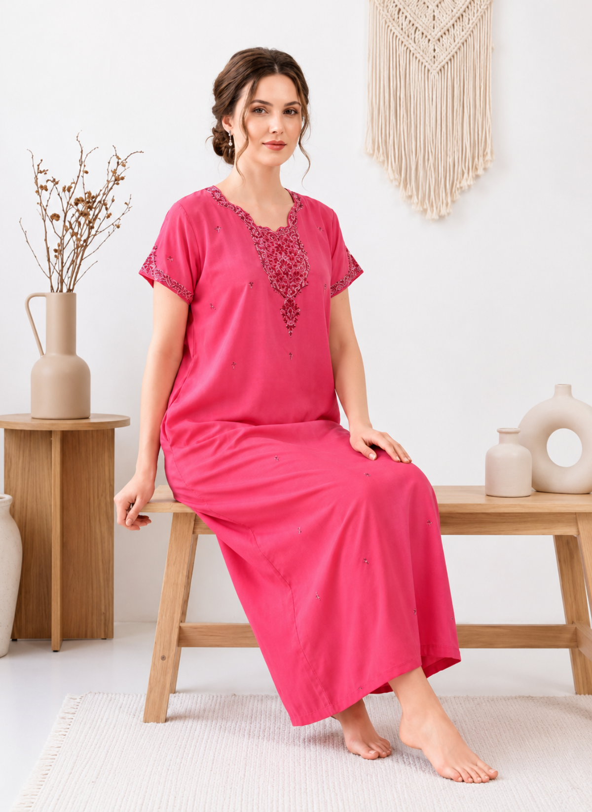 Berry rose Kashmiri embroidery rayon nighty with floral V-neck detailing