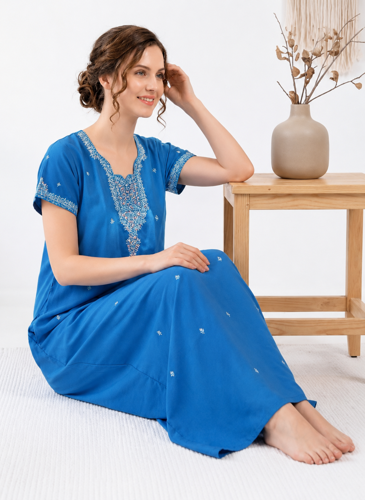 Cobalt blue Kashmiri embroidery rayon nighty with floral V-neck detailing