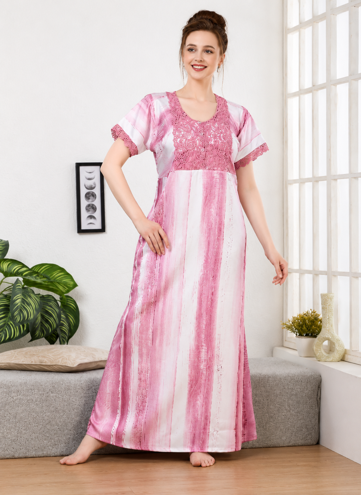 Muted Pink ombre tie-dye print rayon nighty with crochet lace yoke