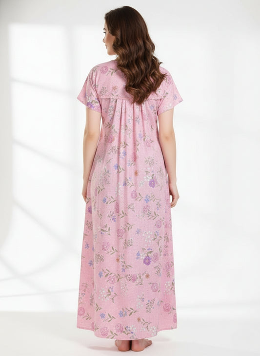 Candy Pink with Purple and Blue mixed floral Print Cotton Nighty