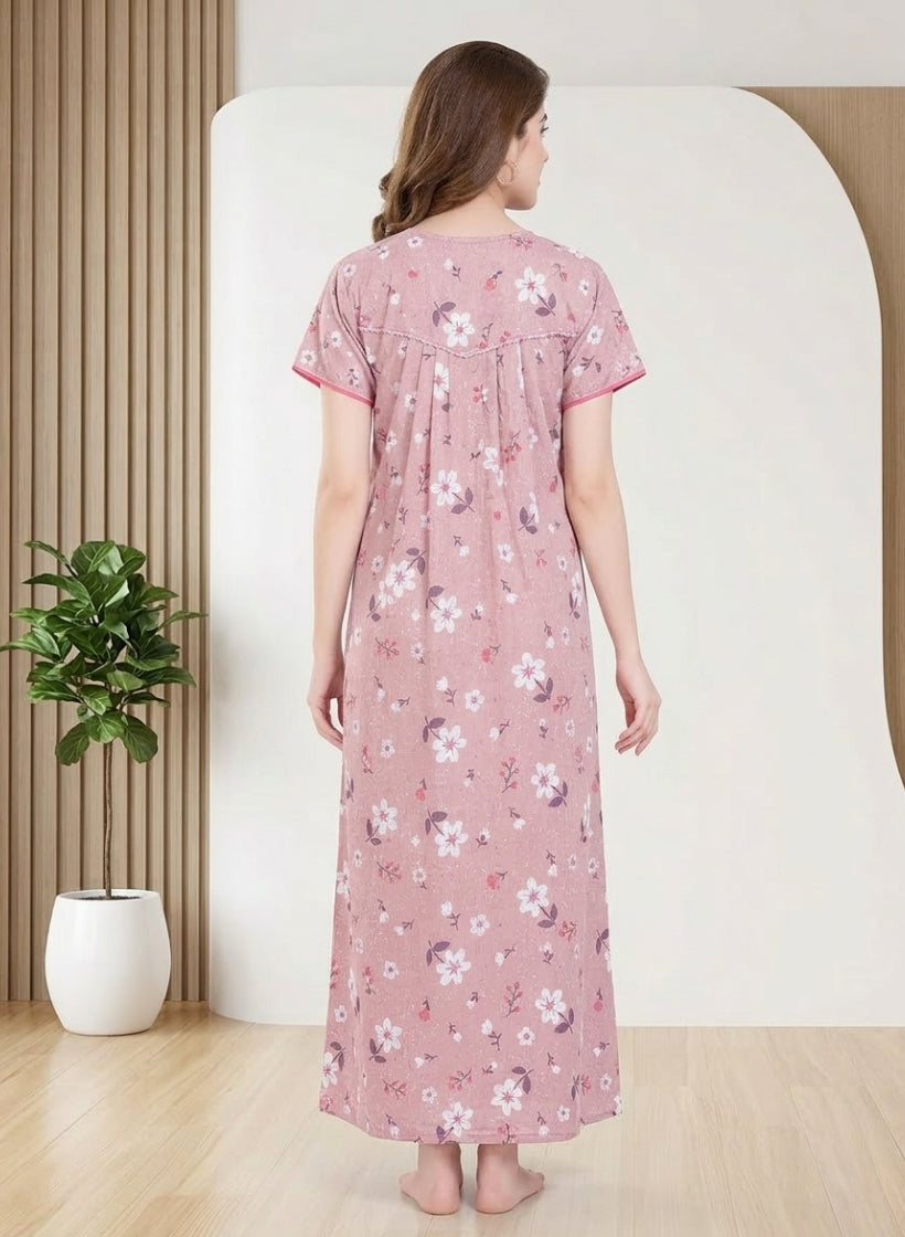 Rosewood Pink with White and Purple floral Print Cotton Nighty