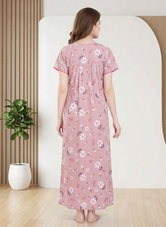 Rosewood Pink with White and Purple floral Print Cotton Nighty