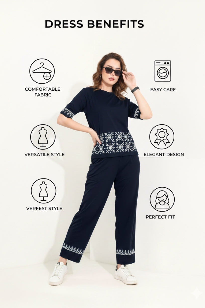 Navy Geometric White Contrast Border Print Night Suit Set