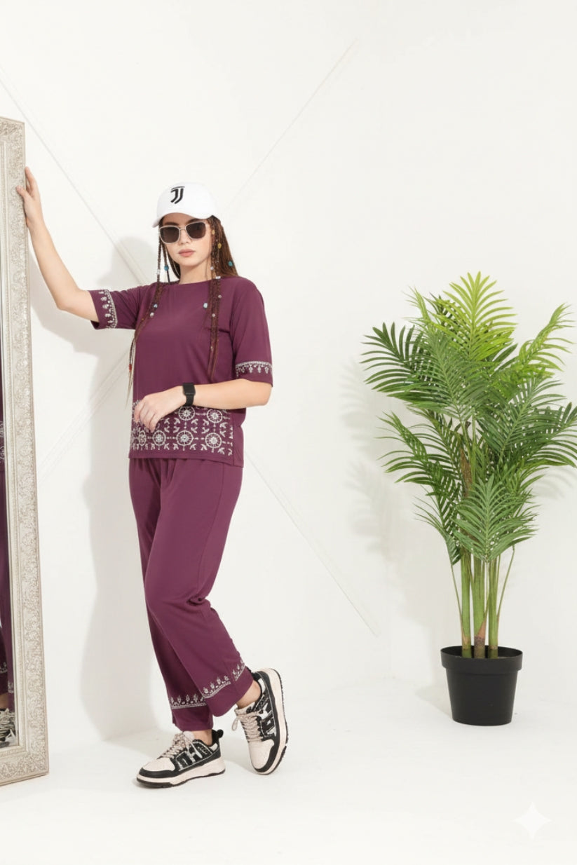 Wine Geometric White Contrast Border Print Night Suit Set
