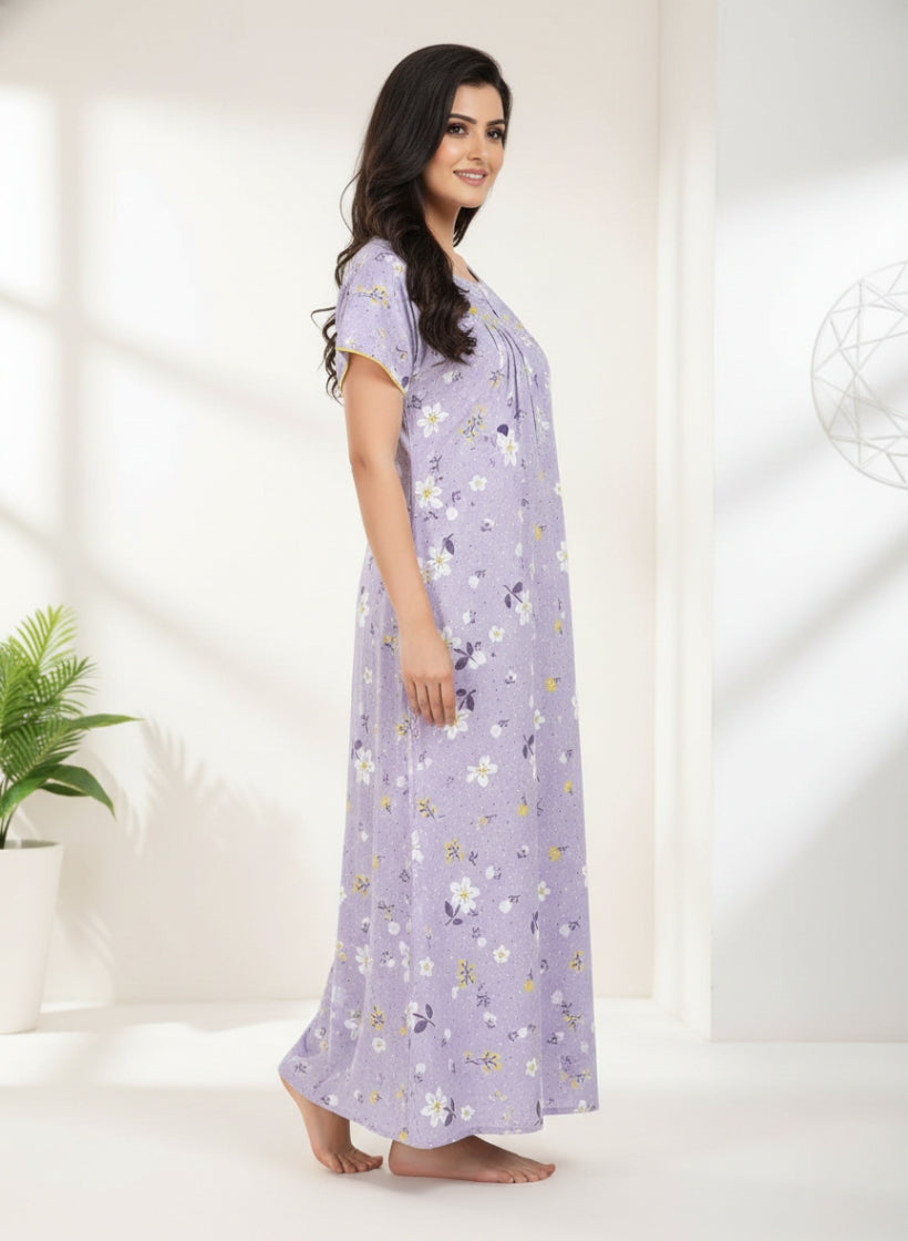 Lavender Mist with White floral Print Cotton Nighty