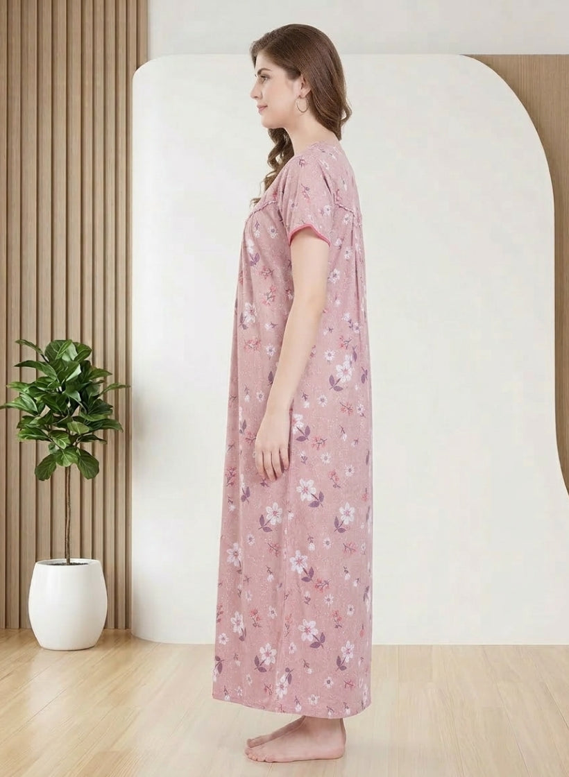 Rosewood Pink with White and Purple floral Print Cotton Nighty