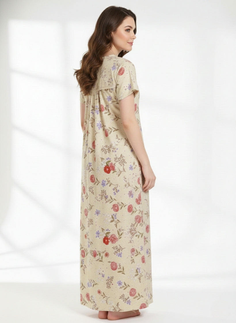 Cream with Red and Purple mixed floral Print Cotton Nighty