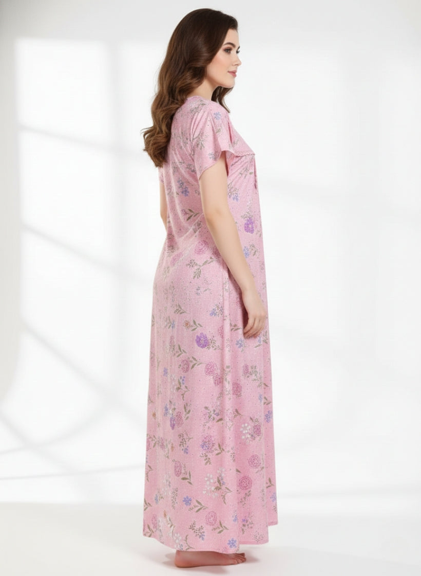 Candy Pink with Purple and Blue mixed floral Print Cotton Nighty