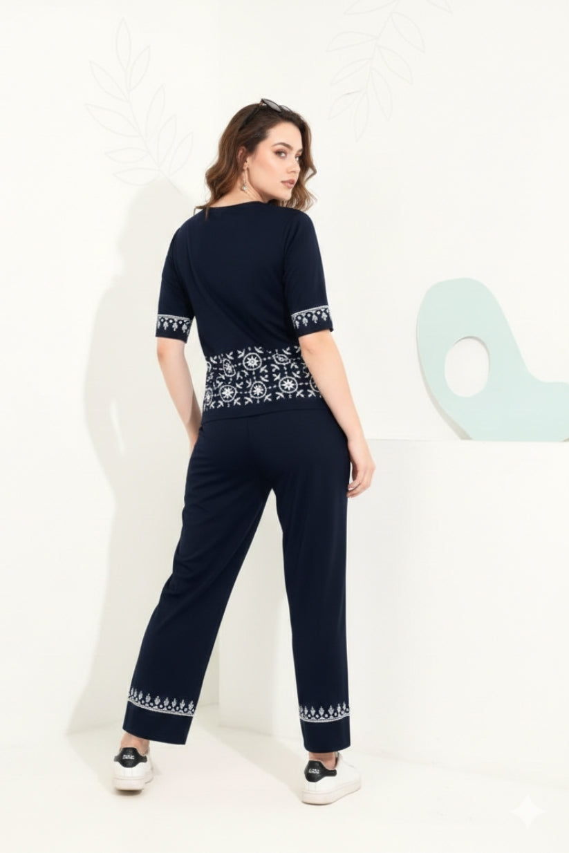 Navy Geometric White Contrast Border Print Night Suit Set