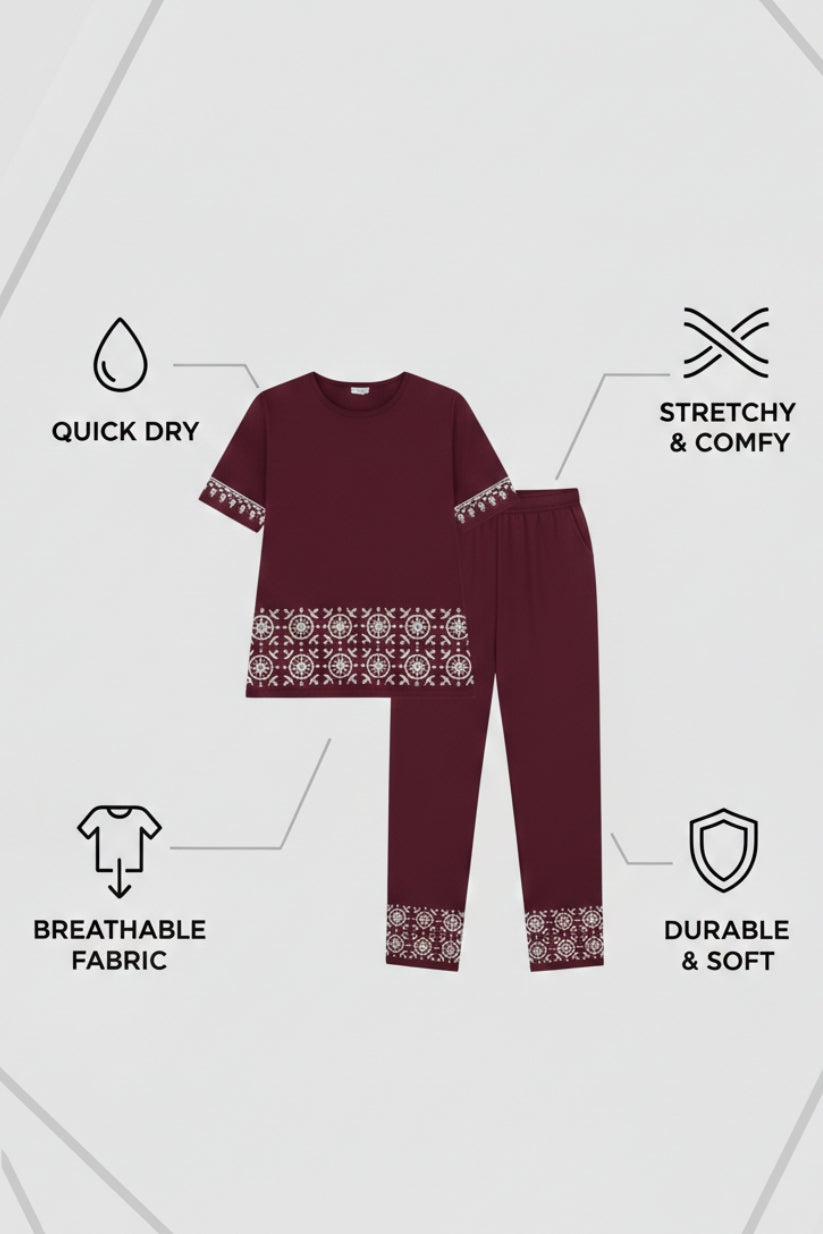 Wine Geometric White Contrast Border Print Night Suit Set