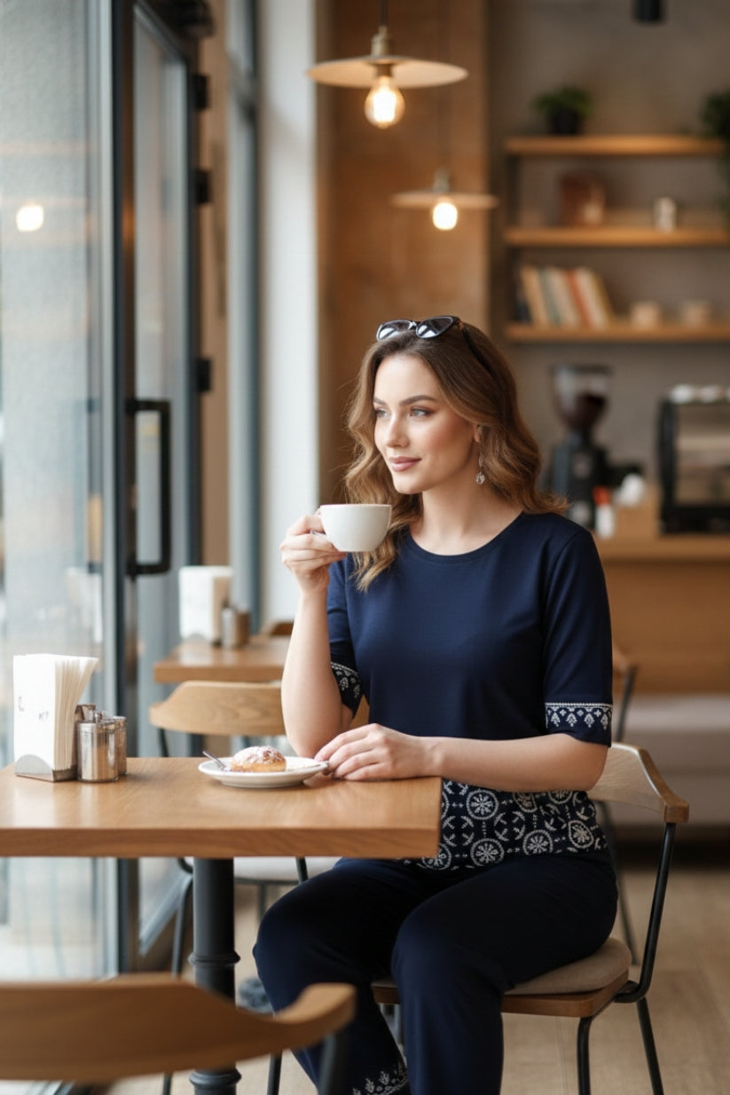 Navy Geometric White Contrast Border Print Night Suit Set