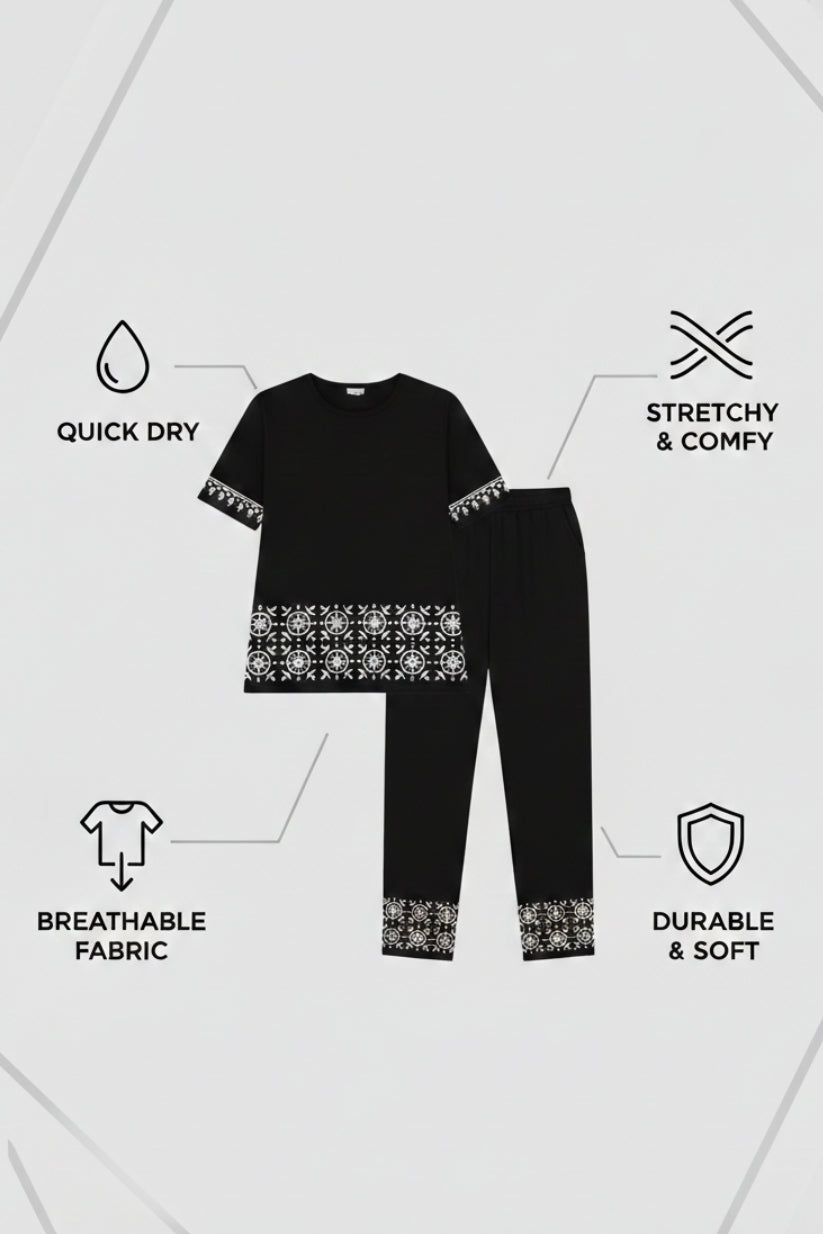 Black Geometric White Contrast Border Print Night Suit Set