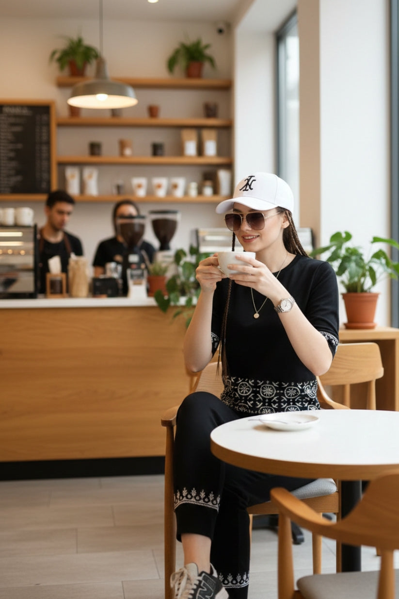 Black Geometric White Contrast Border Print Night Suit Set