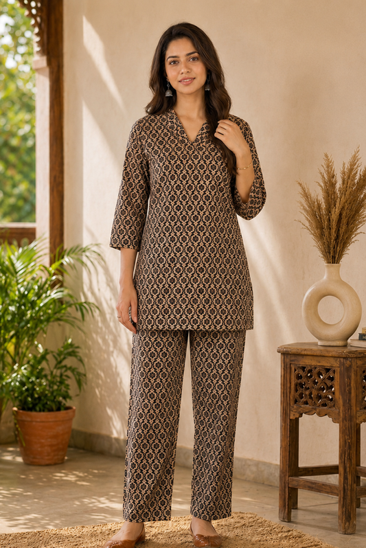 Woman wearing Warm brown trellis print rayon co-ord set with V-neck tunic and straight pants