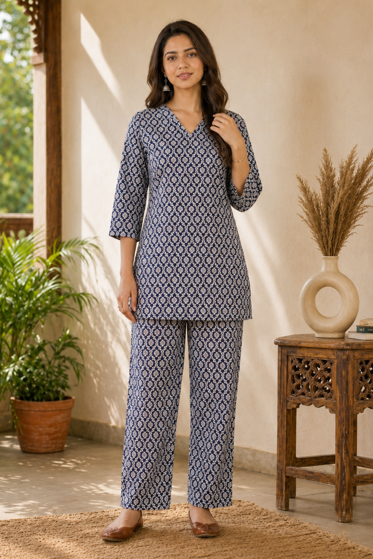 Indigo blue trellis print rayon co-ord set with V-neck tunic and straight pants