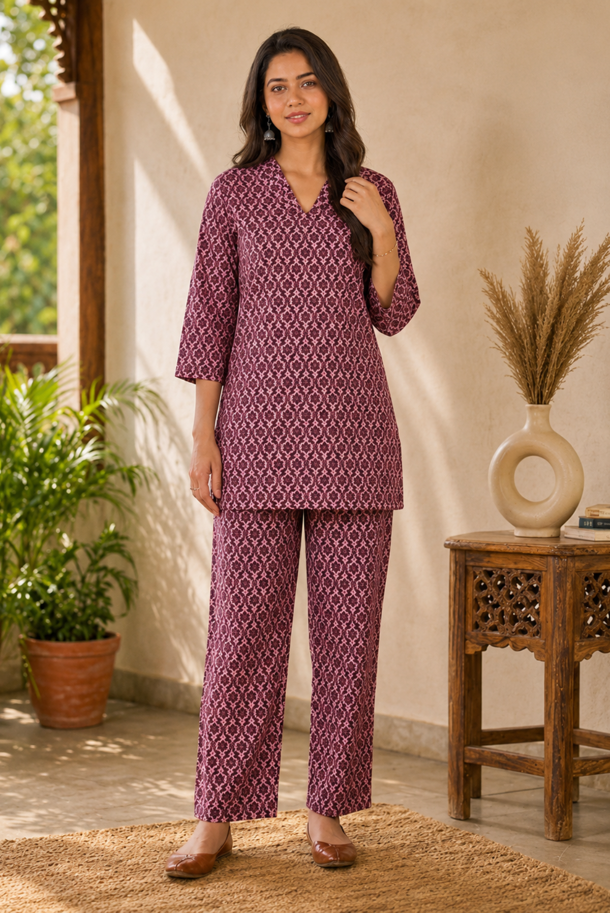 Wine pink trellis print rayon co-ord set with V-neck tunic and straight pants