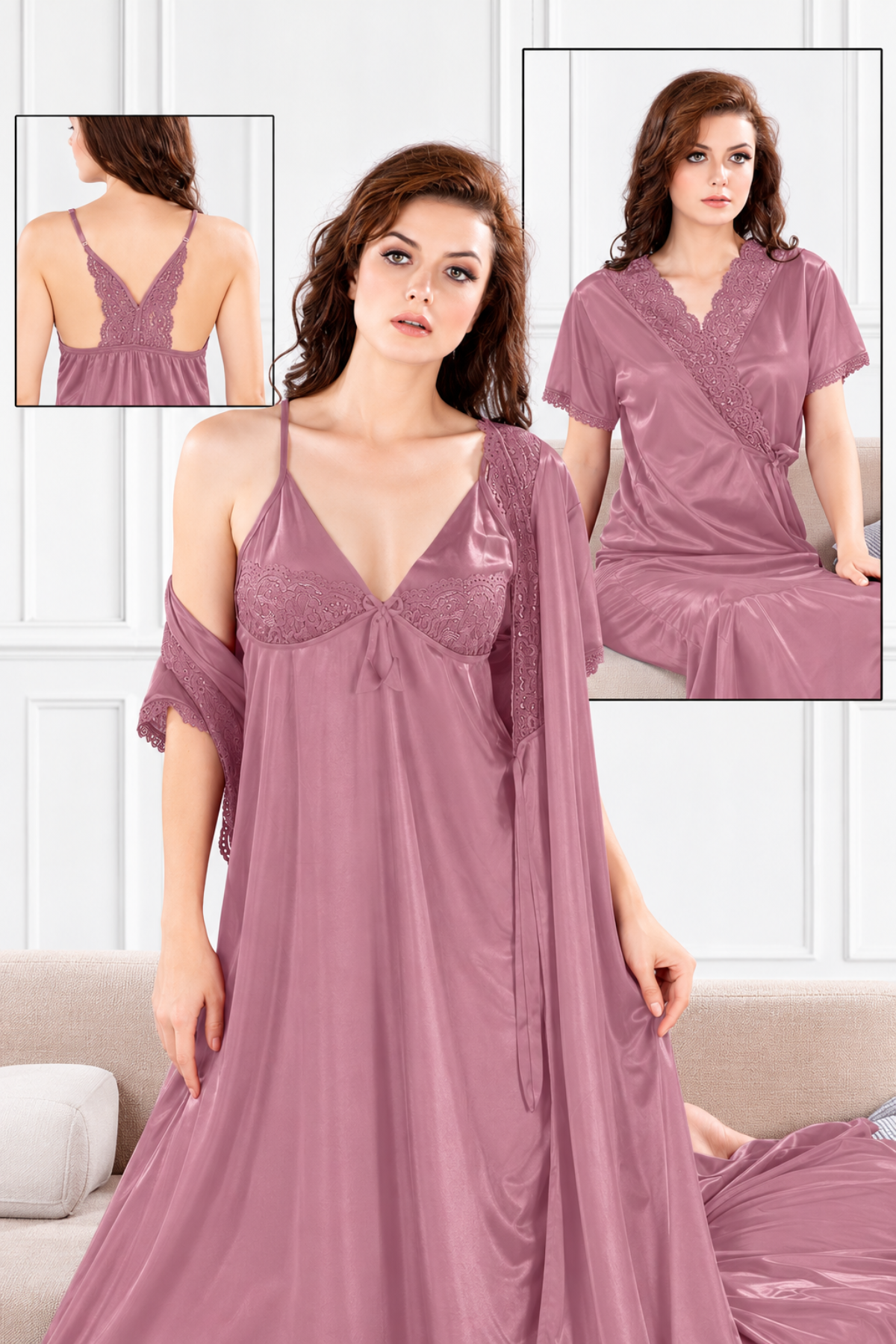 Antique rose silky plunge nighty with lace bust and matching lace-trim robe