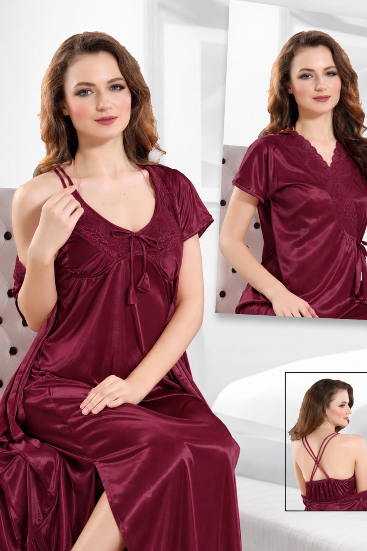 Burgundy silky lace V-neck nighty with matching robe and criss-cross back
