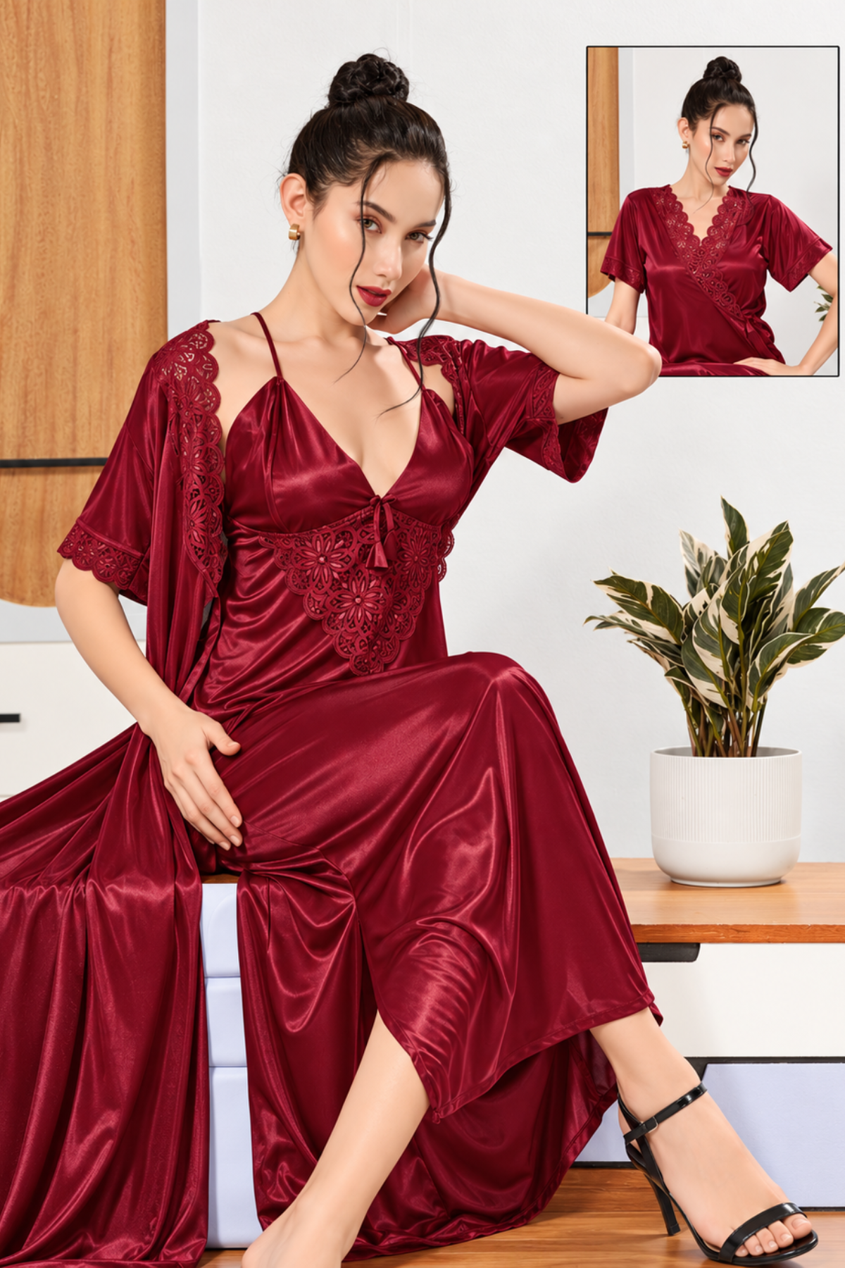 Cherry red silky long nighty with floral lace bust and matching lace-trim robe, 2 pc set