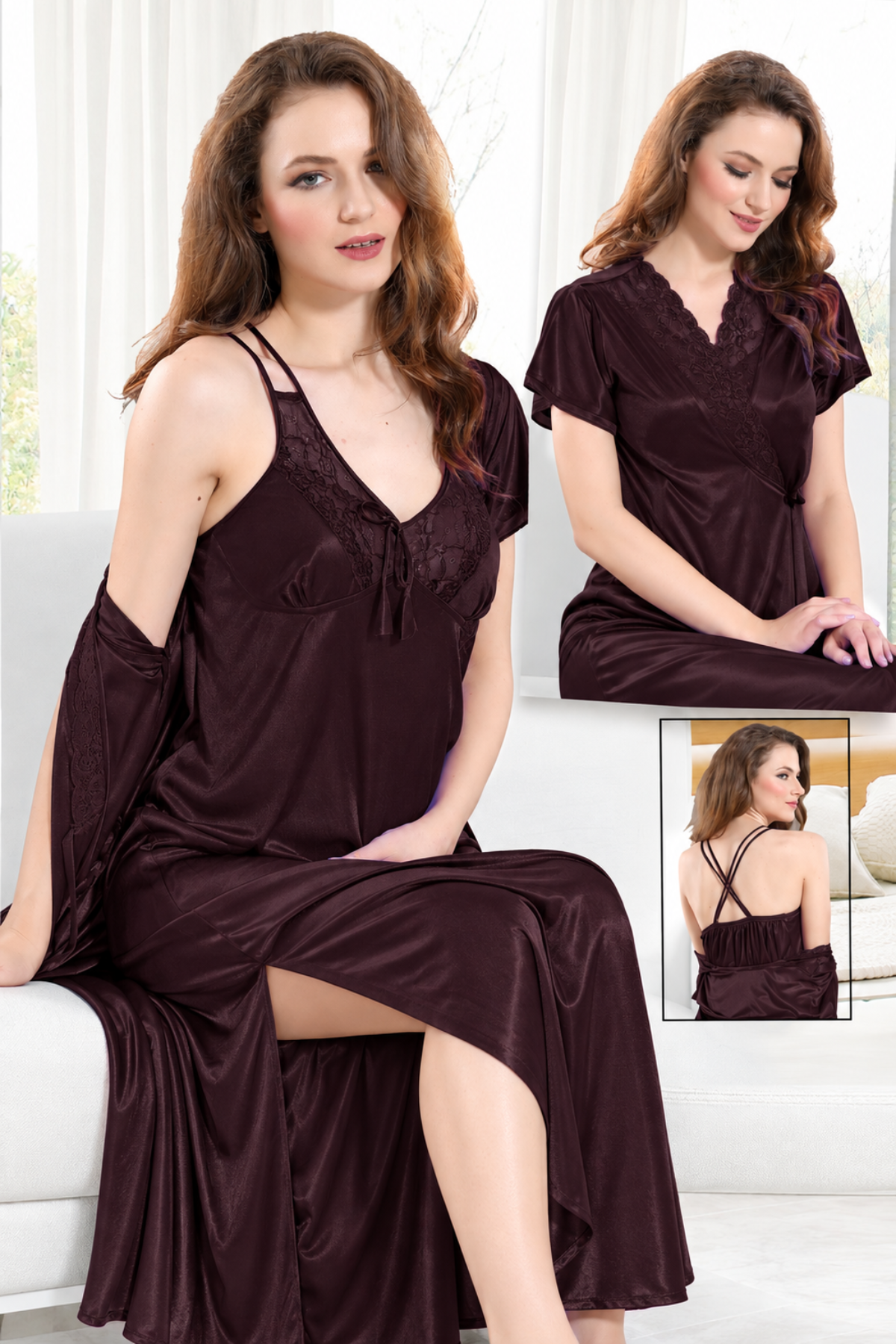 Chocolate brown silky lace V-neck nighty with matching robe and criss-cross back