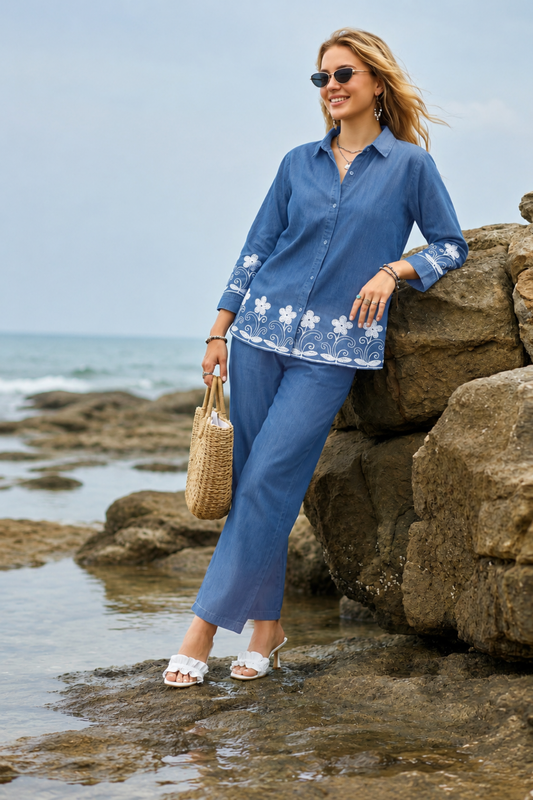 Coastal denim blue co-ord set with white floral embroidery, button-down top and matching full-length pants