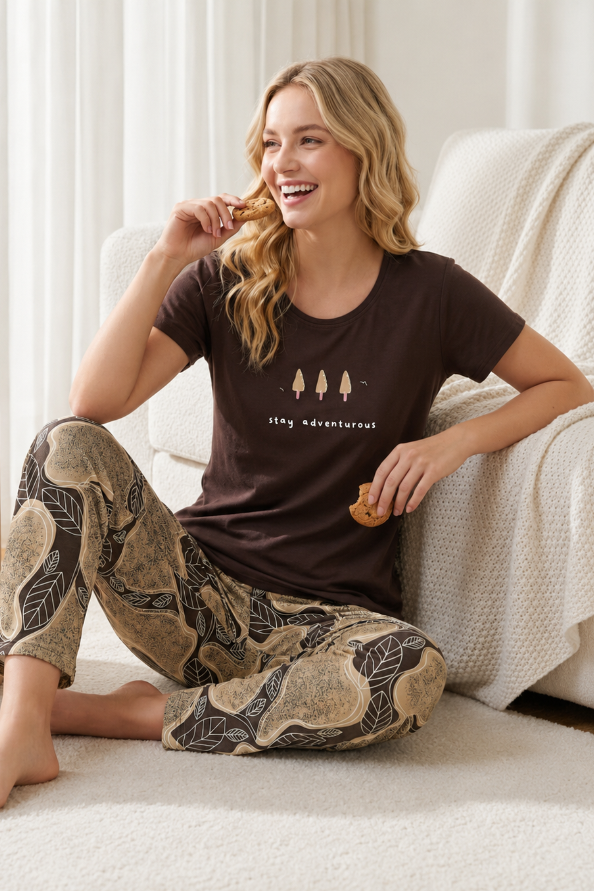 Cocoa brown hosiery night suit with popsicle graphic tee and leaf print jogger pants
