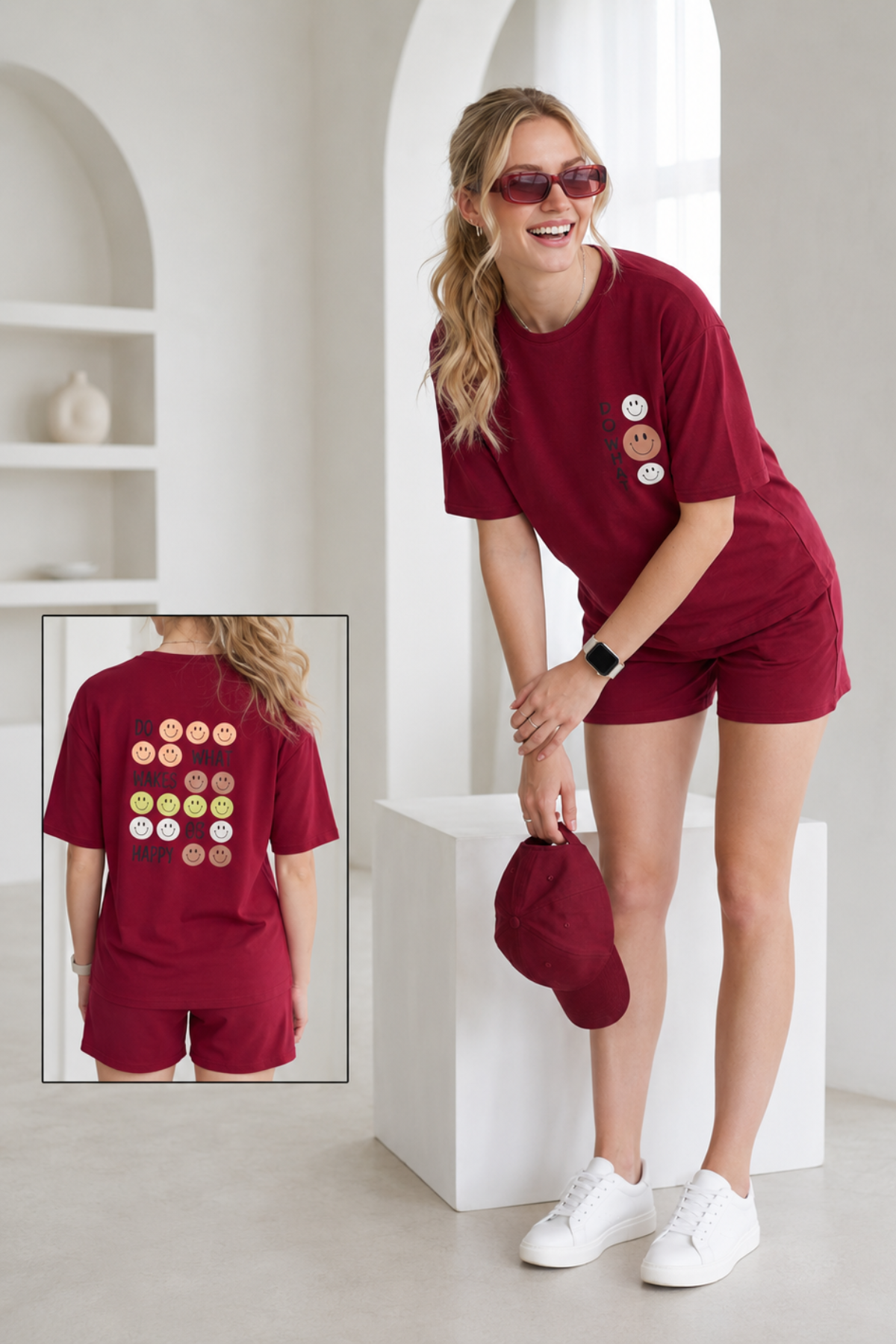 Crimson berry red Do What Makes You Happy smiley graphic Tencel T-shirt with matching Bermuda shorts
