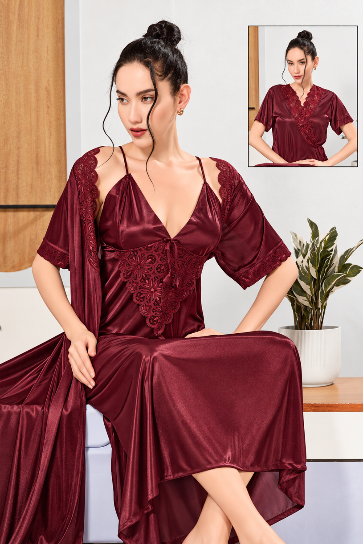 Dark maroon silky long nighty with floral lace bust and matching lace-trim robe, 2 pc set