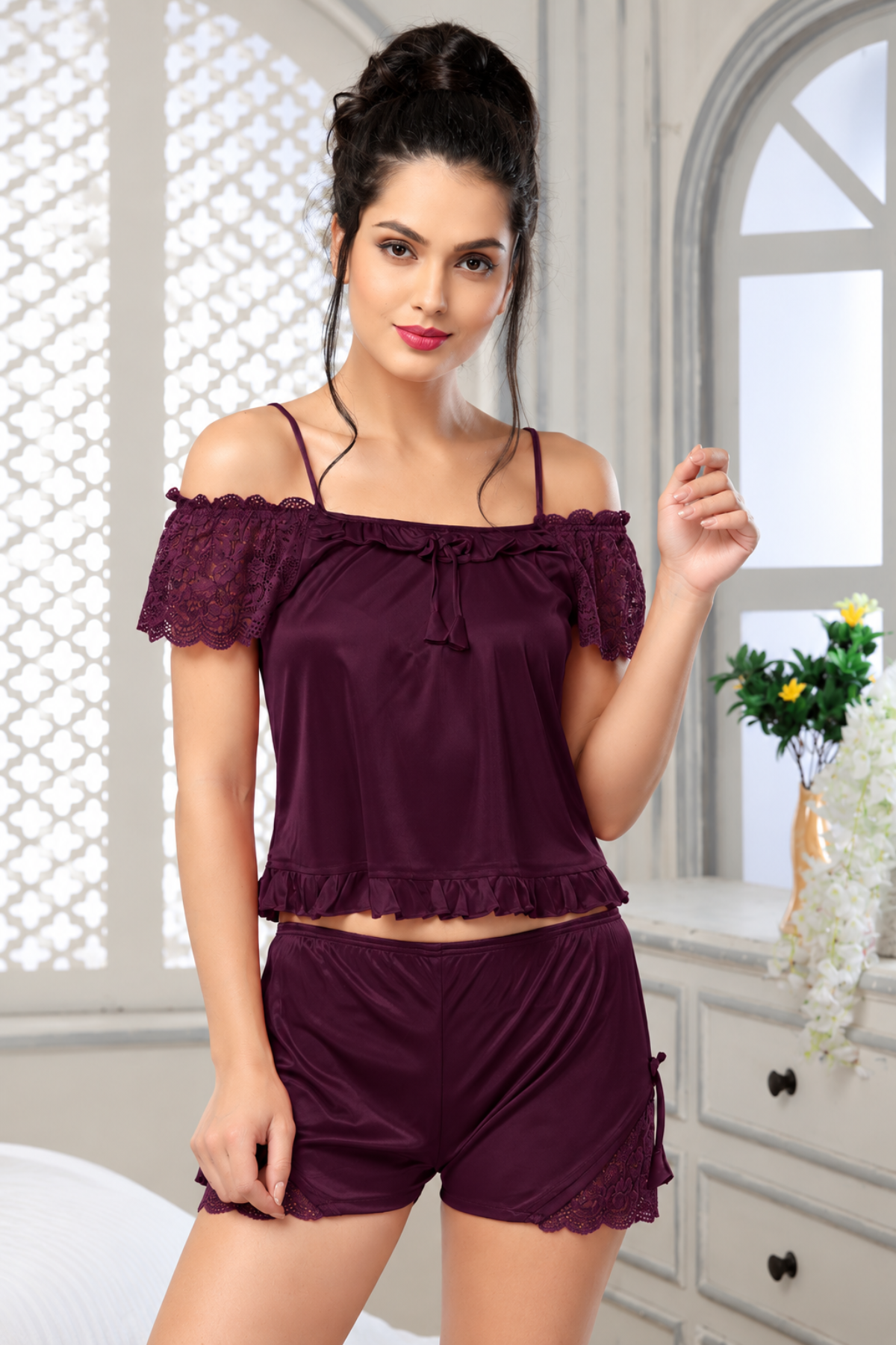 Dark plum off shoulder lace top with matching lace trim shorts, 2 pc night suit