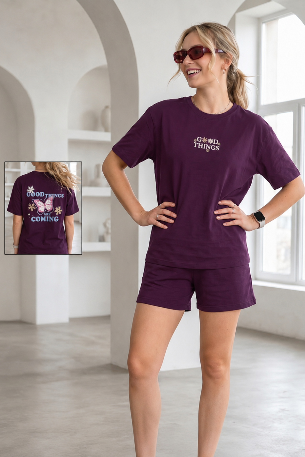 Deep plum oversized tee and shorts tencel night suit with butterfly and Good Things Are Coming graphic print