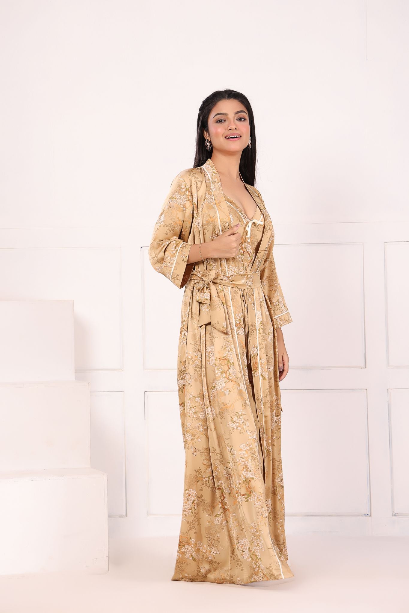 Fancy net satin 2pc nightwear set for women in floral design