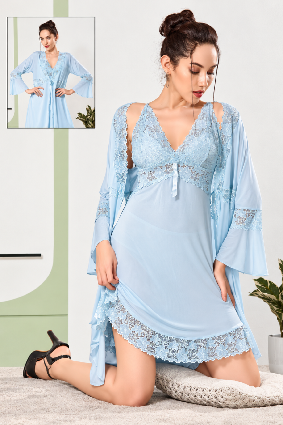 Glacier blue lace short nighty with matching bell sleeve robe, 2 pc set