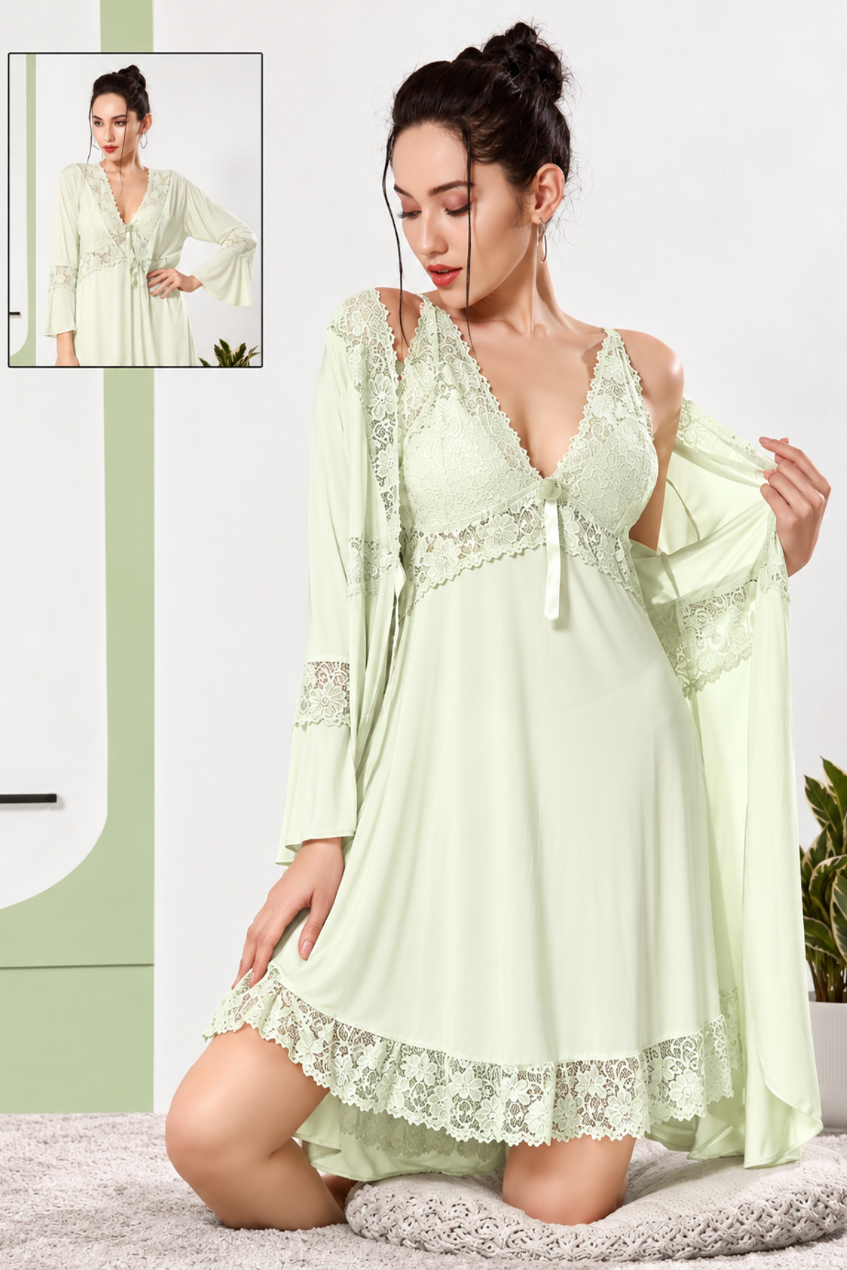 Mint cream lace short nighty with matching bell sleeve robe, 2 pc set