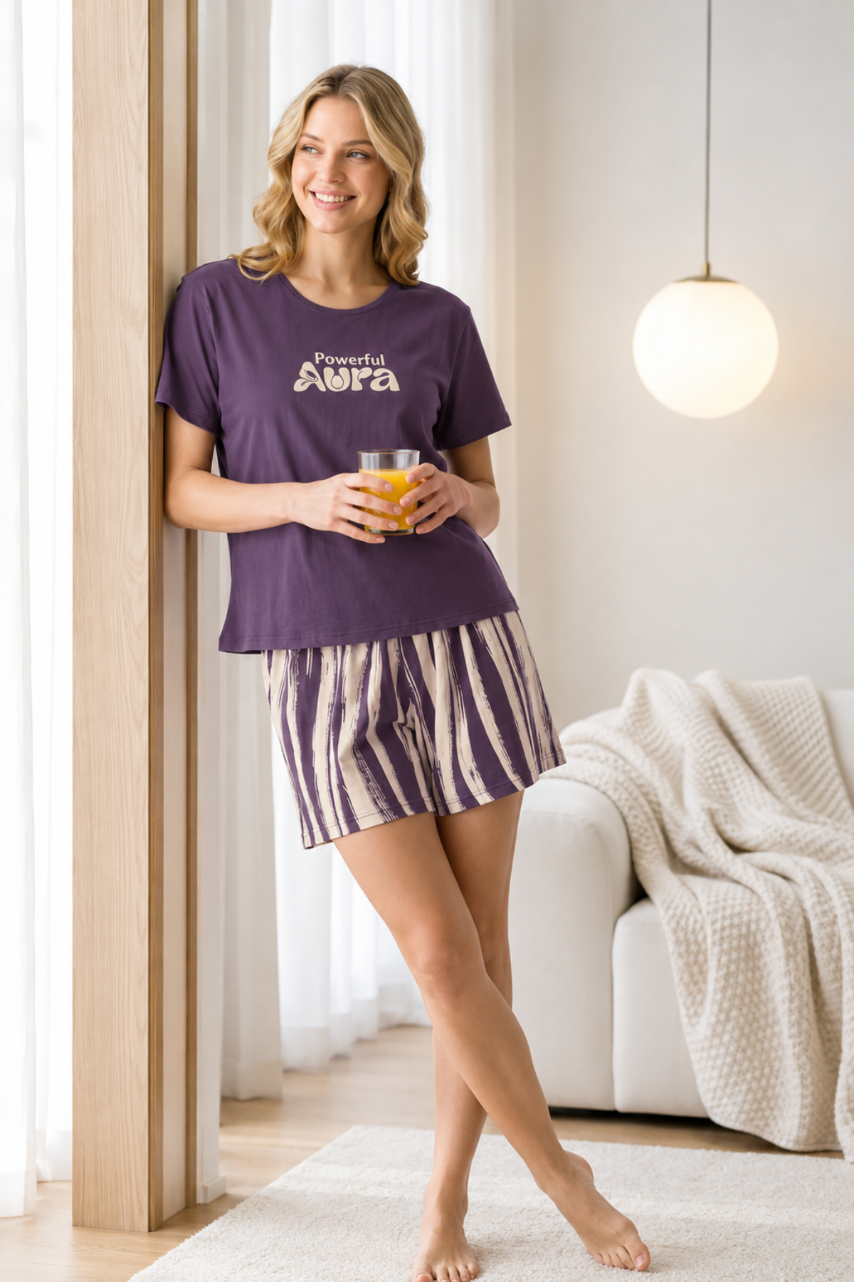 Mulberry plum Powerful Aura graphic hosiery T-shirt with striped Bermuda shorts