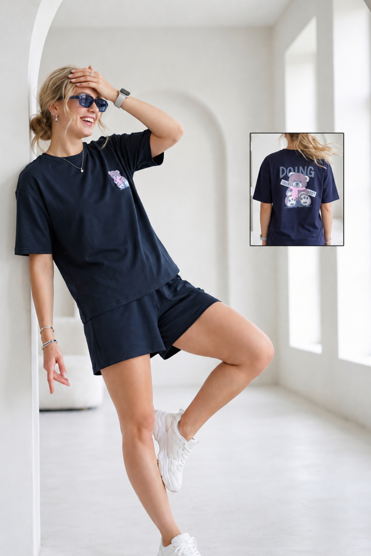 Navy blue oversized tee and shorts tencel night suit with teddy bear graphic print