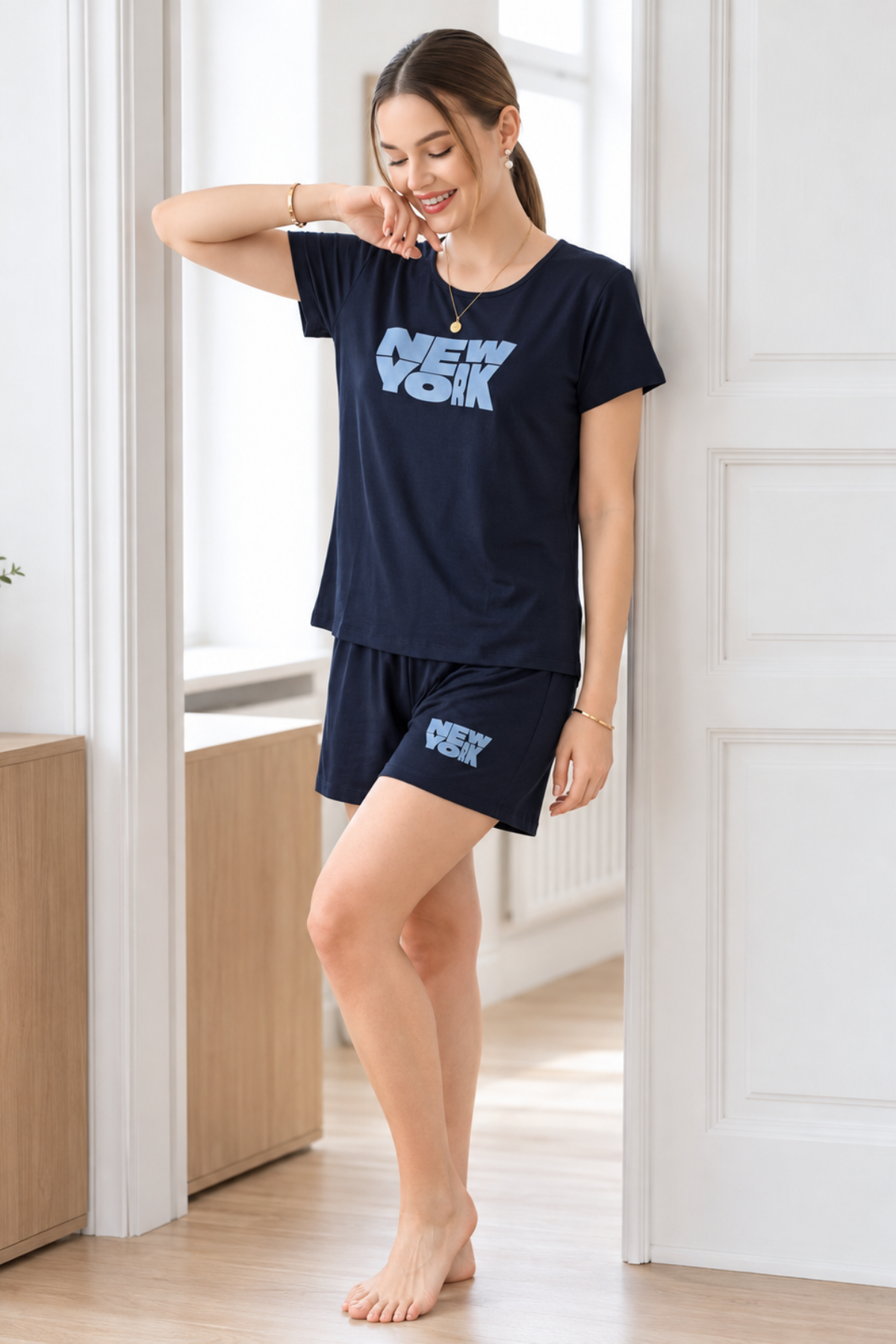 Nightfall navy New York graphic Tencel T-shirt with matching Bermuda shorts